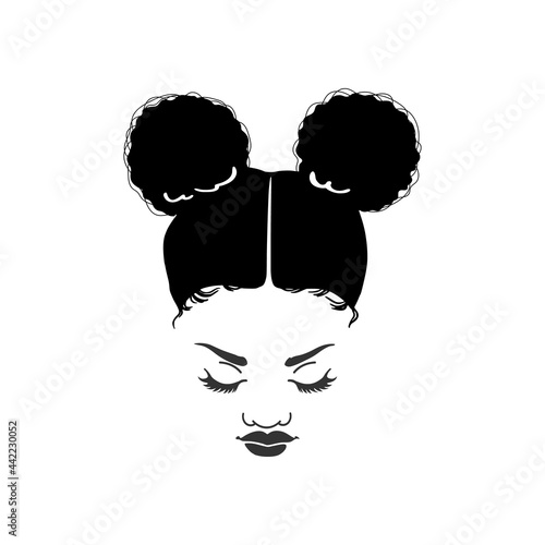 Black woman with a pretty face. African American girl. Afro puff hairstyle. Vector illustration on white isolated background. For beauty salon, t-shirt design, beauty logo.