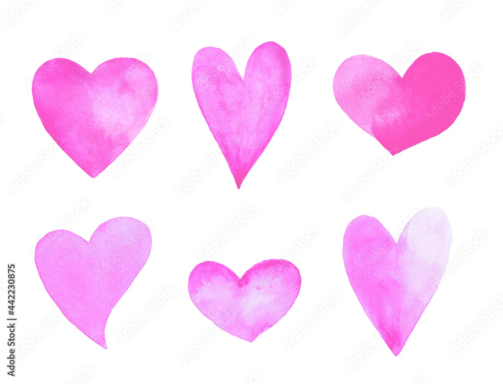 Set of pink hearts. Watercolor hand painting illustrations, isolated, white background