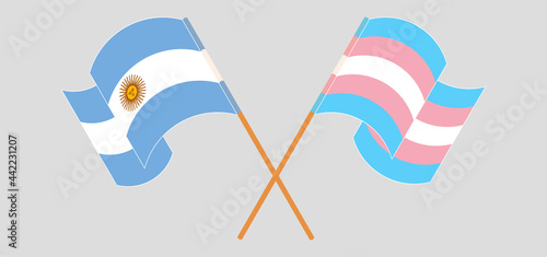 Crossed and waving flags of Argentina and transgender pride