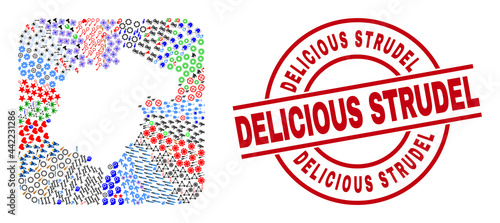Vector collage Teruel Province map of different pictograms and Delicious Strudel stamp. Mosaic Teruel Province map created as stencil from rounded square shape.