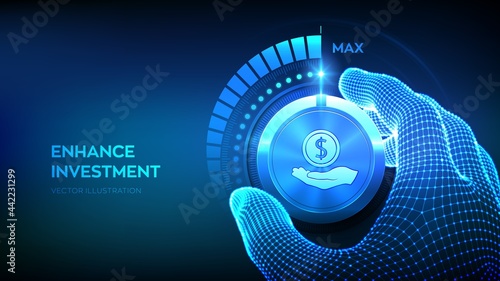 Investing and finance growth business concept. Strategy and return on investment. Wireframe hand setting invest knob button on highest position. Increasing profit income strategy. Vector illustration.