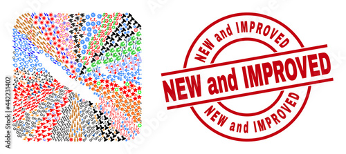 Vector mosaic New Caledonia Islands map of different pictograms and New and Improved seal stamp. Mosaic New Caledonia Islands map constructed as carved shape from rounded square shape.