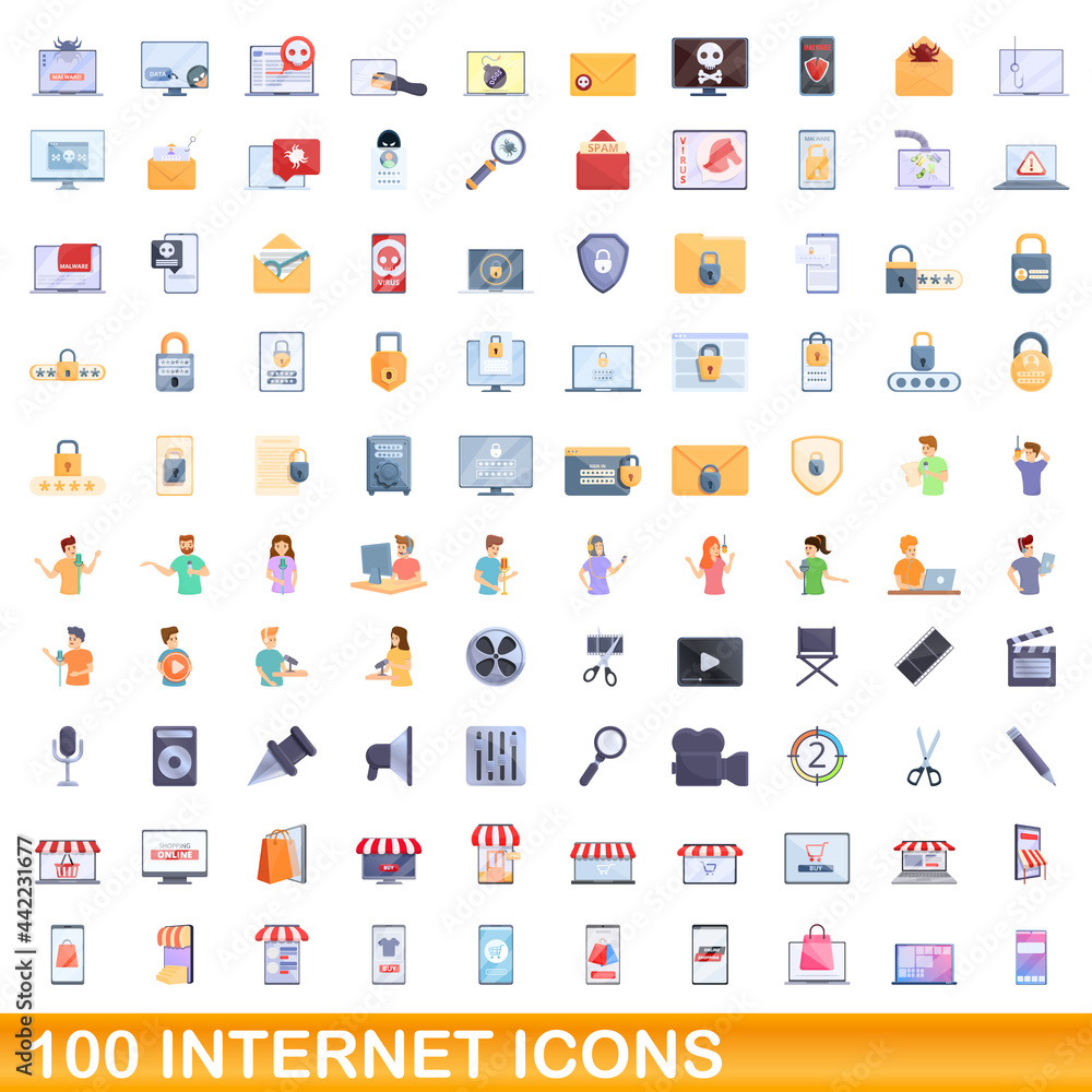 100 internet icons set. Cartoon illustration of 100 internet icons vector set isolated on white background 100 internet icons set. Cartoon illustration of 100 internet icons vector set isolated on white background