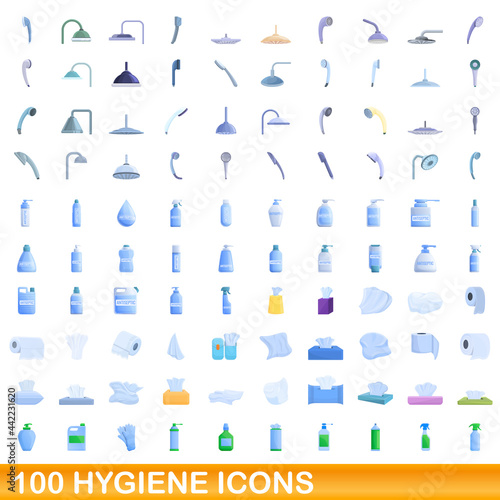 100 hygiene icons set. Cartoon illustration of 100 hygiene icons vector set isolated on white background