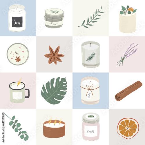 Poster with scented candles realistic illustrations, pop art mural with various soy candles, wall interior decoration for home or spa salon