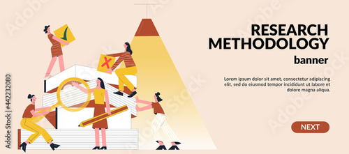 Girls research paper book with magnifying glass Public library visitor concept. Information document and encyclopedia for facts research and education. Flat vector illustration for web banner template