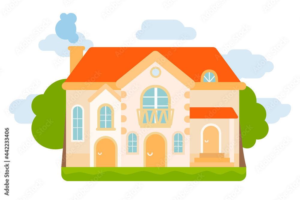 House in flat style. Cartoon building design. Modern country house.