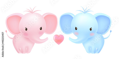Fototapeta Naklejka Na Ścianę i Meble -  Cute little elephants, pink and blue one. Funny twins, girl and boy. Baby shower greeting card.