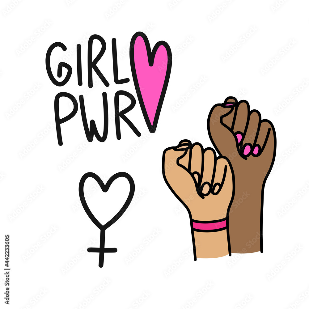 Obraz premium girl power doodle icons, vector color line illustration