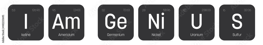 I am Genius label. Quote of chemical element signs. Funny vector inscription I am Genius label. Quote of chemical element signs. Funny vector inscription