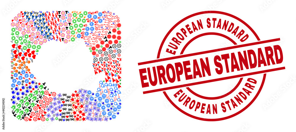 Vector mosaic Romania map of different icons and European Standard seal stamp. Collage Romania map created as carved shape from rounded square shape. Red round seal with European Standard caption. Vector mosaic Romania map of different icons and European Standard seal stamp. Collage Romania map created as carved shape from rounded square shape. Red round seal with European Standard caption.