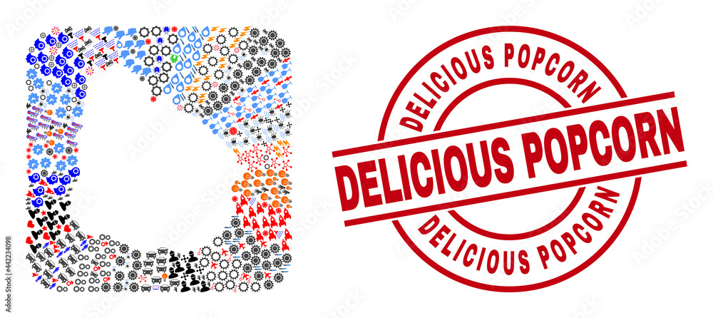 Vector mosaic Uruguay map of different icons and Delicious Popcorn seal. Mosaic Uruguay map designed as carved shape from rounded square shape. Red round seal with Delicious Popcorn word. Vector mosaic Uruguay map of different icons and Delicious Popcorn seal. Mosaic Uruguay map designed as carved shape from rounded square shape. Red round seal with Delicious Popcorn word.
