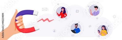 Blogger collects likes Vector illustration flat style with characters Influencer marketing Blogger promotion services and goods for his followers online Blogging and social media networking concept