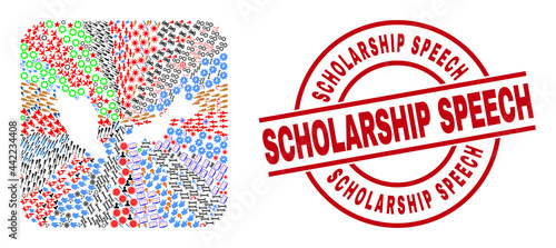Vector collage Malaysia map of different pictograms and Scholarship Speech seal stamp. Collage Malaysia map created as subtraction from rounded square. Red round stamp with Scholarship Speech word.