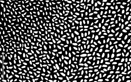 Randomly placed polka dots, hand drawn spots seamless vector pattern. Scattered big and small circles, points in various sizes. Background. Decorative black and white design tiles.