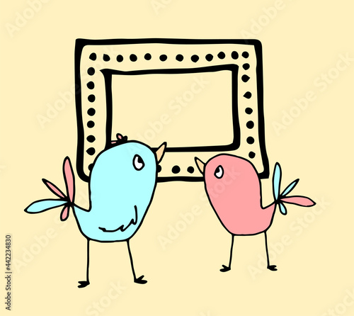 Vector drawing of two cute birds with an empty frame for your text. cartoon birds in blue and pink pastel colors with a frame of dots and lines on a yellow background for a design template for invitat photo