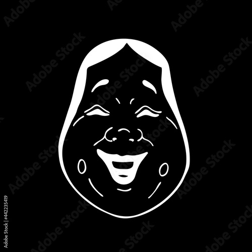 Vector image of an Okame traditional Japanese theatrical mask, a simple ugly woman on a black background