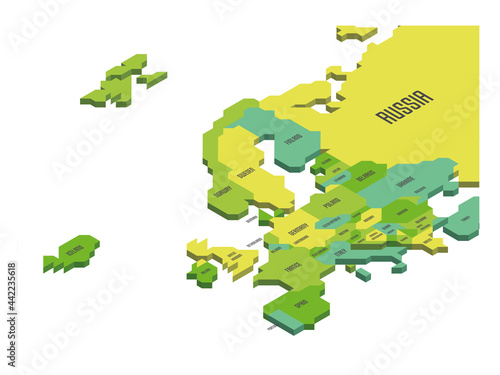 Isometric political map of Europe. Colorful land with country name labels on white background. 3D vector illustration