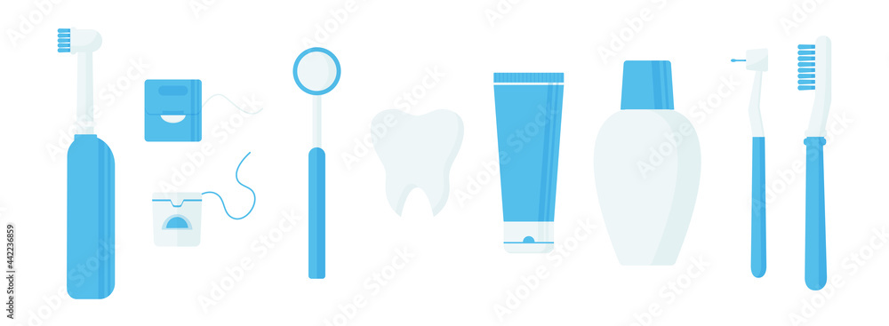 Oral care vector set icon, dentistry hygiene, toothbrushes, toothpaste, floss, tools for mouthwash isolated on white background. Cartoon health illustration Oral care vector set icon, dentistry hygiene, toothbrushes, toothpaste, floss, tools for mouthwash isolated on white background. Cartoon health illustration