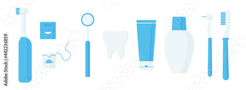 Oral care vector set icon, dentistry hygiene, toothbrushes, toothpaste, floss, tools for mouthwash isolated on white background. Cartoon health illustration