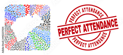 Vector mosaic Segovia Province map of different icons and Perfect Attendance seal. Collage Segovia Province map designed as stencil from rounded square. Red round seal with Perfect Attendance word.