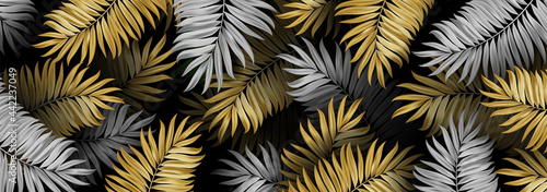 Luxury gold and silver leaf background vector. Tropical pattern design for packaging, wallpaper and print. Vector illustration.