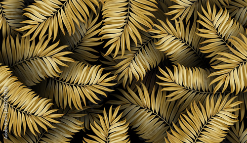 Tropical pattern palm leaves background. Gold texture with luxurious leaf.