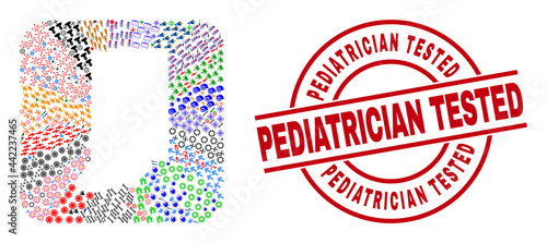 Vector mosaic Indiana State map of different symbols and Pediatrician Tested badge. Mosaic Indiana State map created as stencil from rounded square shape.