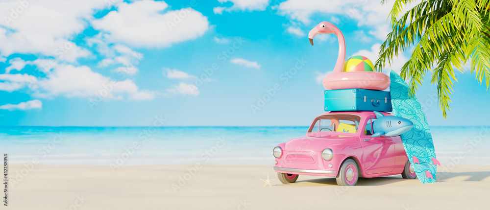 Pink car with luggage and beach accessories ready for summer vacation. Creative travel concept idea with copy space 3D Render 3D illustration - obrazy, fototapety, plakaty 