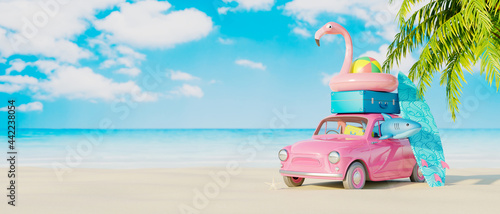 Obraz na plátně Pink car with luggage and beach accessories ready for summer vacation
