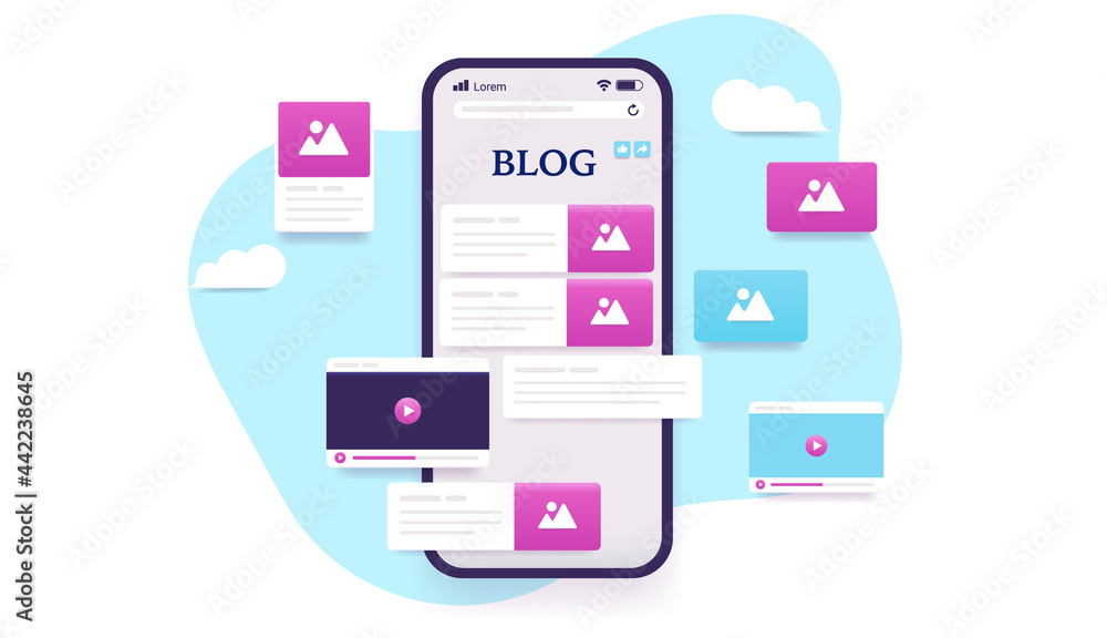 Blog on smartphone - Device screen with bloggers website with images, video and text content. Vector illustration with white background. Blog on smartphone - Device screen with bloggers website with images, video and text content. Vector illustration with white background.