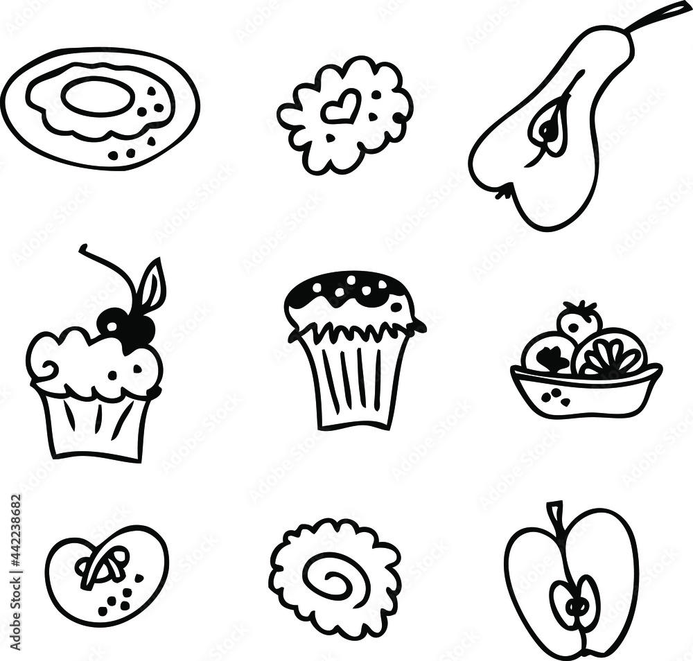 Set of black and white pastries and fruits icons. Hand drawn vector illustration for decor and design.
Set of black and white pastries and fruits icons. Hand drawn vector illustration for decor and design.