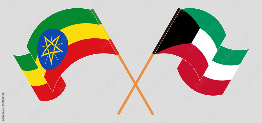 Crossed and waving flags of Ethiopia and Kuwait Crossed and waving flags of Ethiopia and Kuwait
