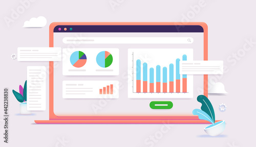 Laptop with charts and graphs - Computer screen with data analysing tools, web and software analytics concept. Vector illustration.
