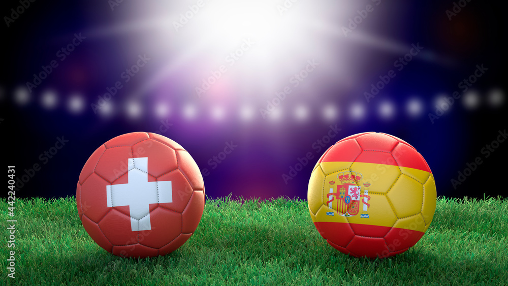 Fototapeta premium Two soccer balls in flags colors on stadium blurred background. Switzerland and Spain. 3d image