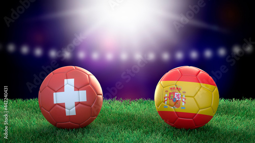 Two soccer balls in flags colors on stadium blurred background. Switzerland and Spain. 3d image