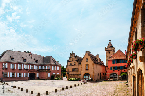 Medieval city of Rouffach in Alsace. Fortifications, towers, cathedral, old town.