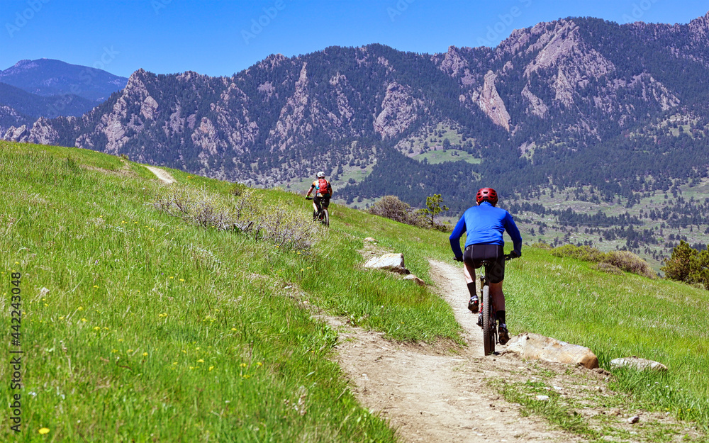 Mountain bikers on Marshall Mesa near Boulder Colorado Stock