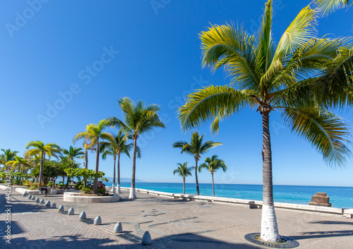 Fototapeta Naklejka Na Ścianę i Meble -  Puerto Vallarta sea promenade, El Malecon, with ocean lookouts, beaches, scenic landscapes hotels and city views
