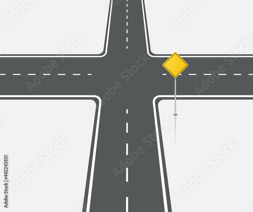 Crossroads view flat intersection vector illustration. Crossroad intersection
