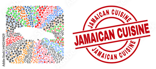 Vector mosaic Jamaica map of different symbols and Jamaican Cuisine stamp. Mosaic Jamaica map designed as carved shape from rounded square shape. Red round imprint with Jamaican Cuisine text.