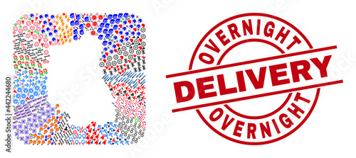 Vector collage Lublin Voivodeship map of different symbols and Overnight Delivery seal. Collage Lublin Voivodeship map created as carved shape from rounded square shape.