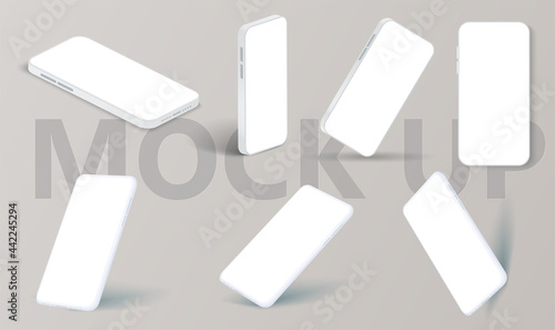 Realistic smartphone mockup. Modern cellphone with blank white screen, mobile phone in different angles of view. Smartphone from different angles 3d isolated template. Mockup generic device UI,UX.