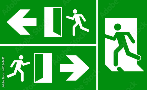 Emergency fire exit sign. Evacuation fire escape door vector sign pictogram arrow exit route