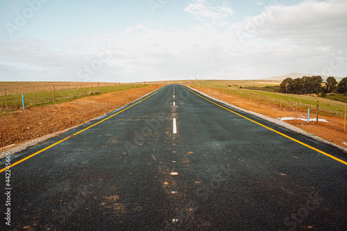 Single lane newly built rural road through fields photo