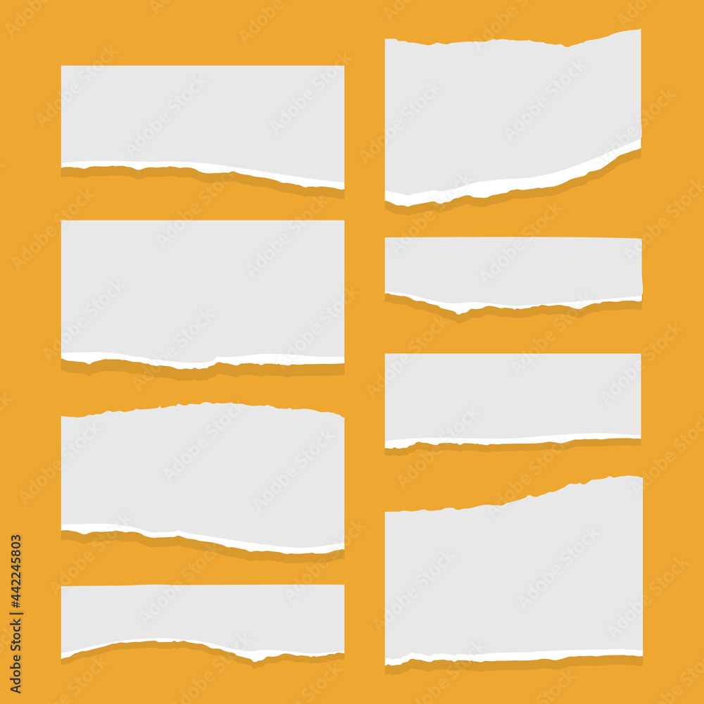 Set of torn ripped paper sheets of white color, notebook paper on orange background. Vector illustration Set of torn ripped paper sheets of white color, notebook paper on orange background. Vector illustration