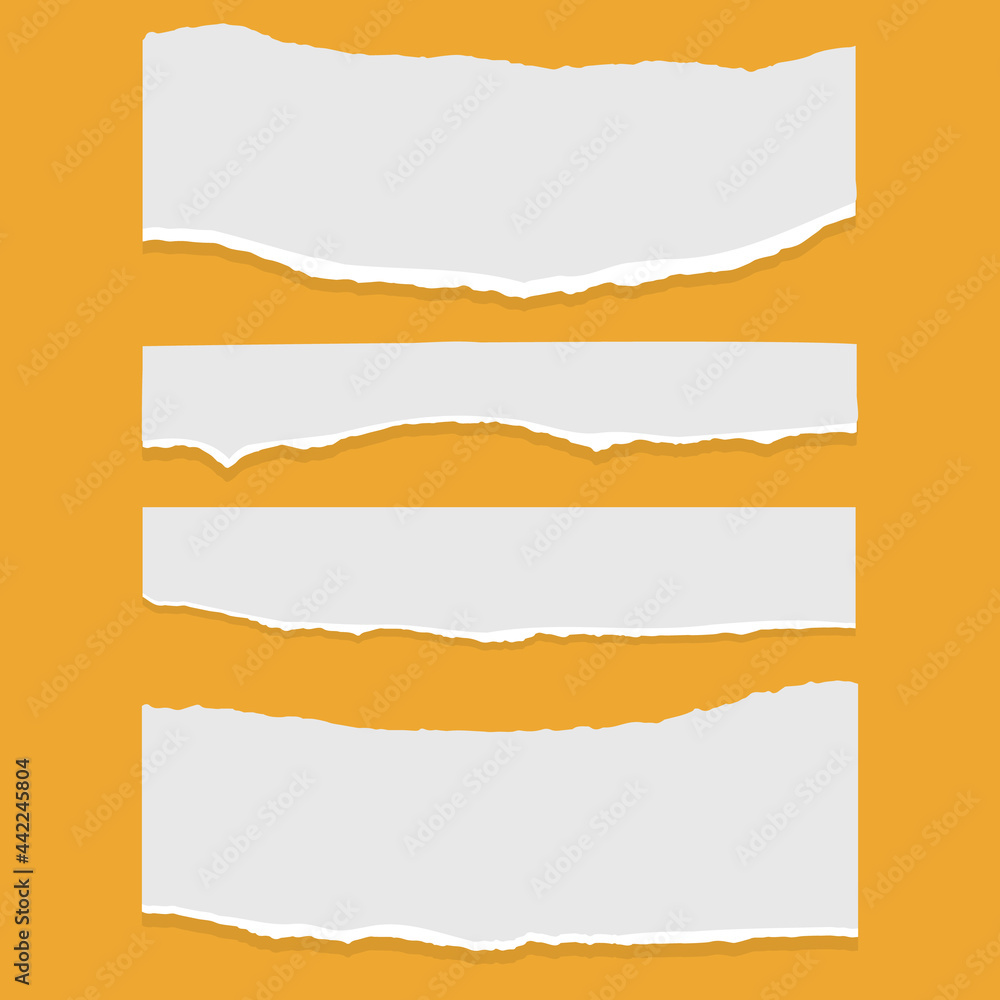 Set of torn ripped paper sheets of white color, notebook paper on orange background. Vector illustration