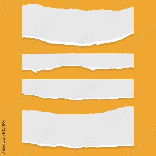 Set of torn ripped paper sheets of white color, notebook paper on orange background. Vector illustration