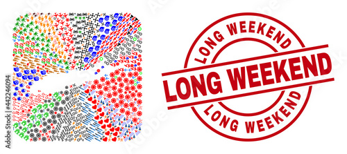 Vector mosaic Long Island map of different pictograms and Long Weekend badge. Mosaic Long Island map constructed as carved shape from rounded square shape. Red round badge with Long Weekend word.