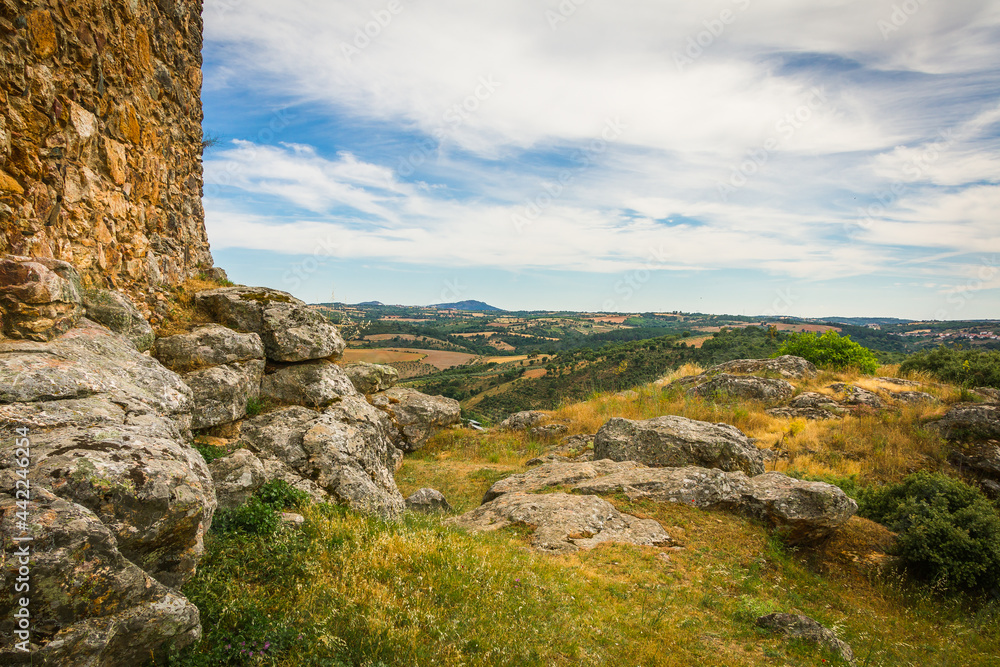 Ancient stone castle tower of Penas Roias, located in the Natural Park of the Douro river, in Portugal